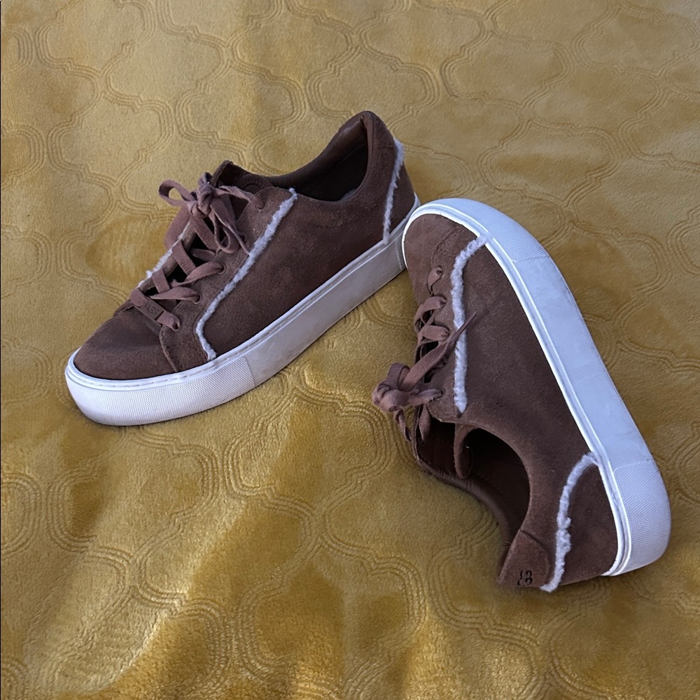 UGG Tan Suede Sneakers with Cream Trim - Picture 2 of 7